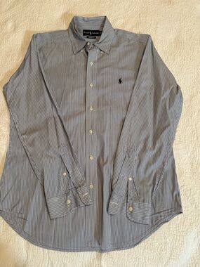 Ralph Lauren Men’s Blue Brown White Pinstripe Button-Down Classic Shirt Medium